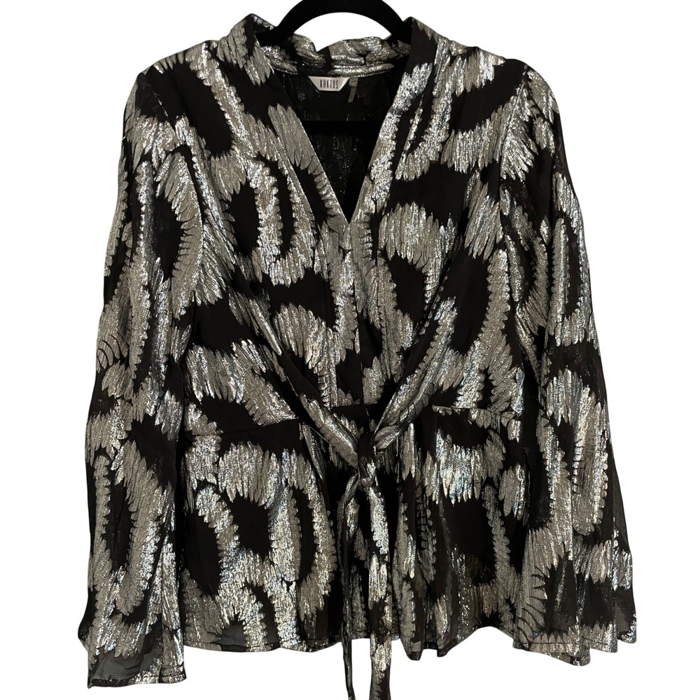 Kaktus Metallic Blouse Womens Medium‎ Black Silver Tie Waist Bell Sleeve Glam